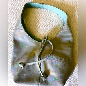Beautiful irredecent pale blue leather snakeskin evening purse. Susan Feroldi